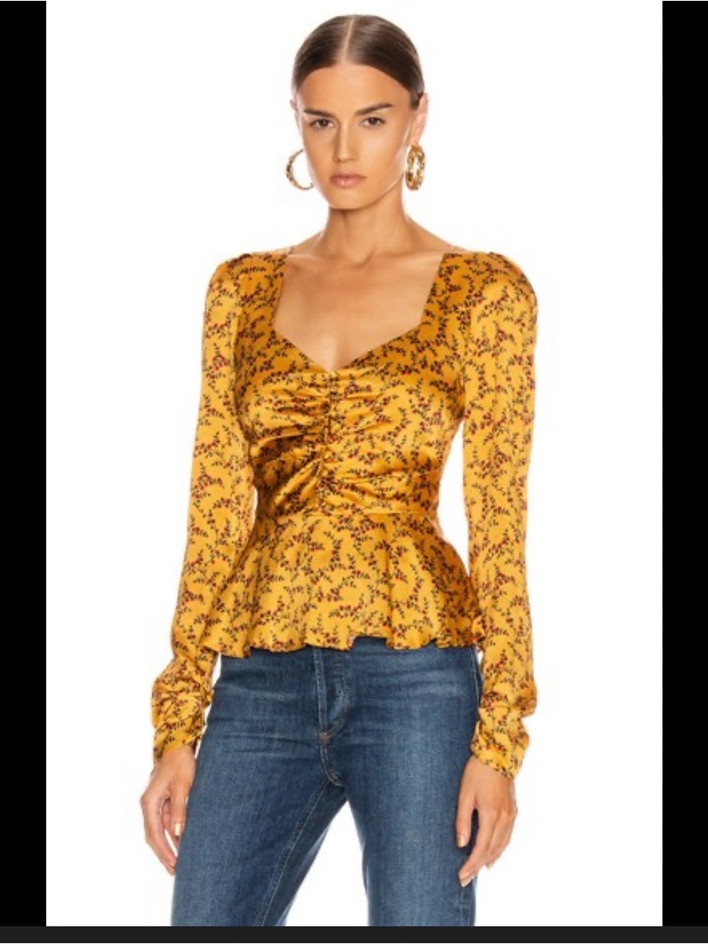 Jonathan Simkhai Hammered Mustard Floral Ruched Square-Neck Peplum Top